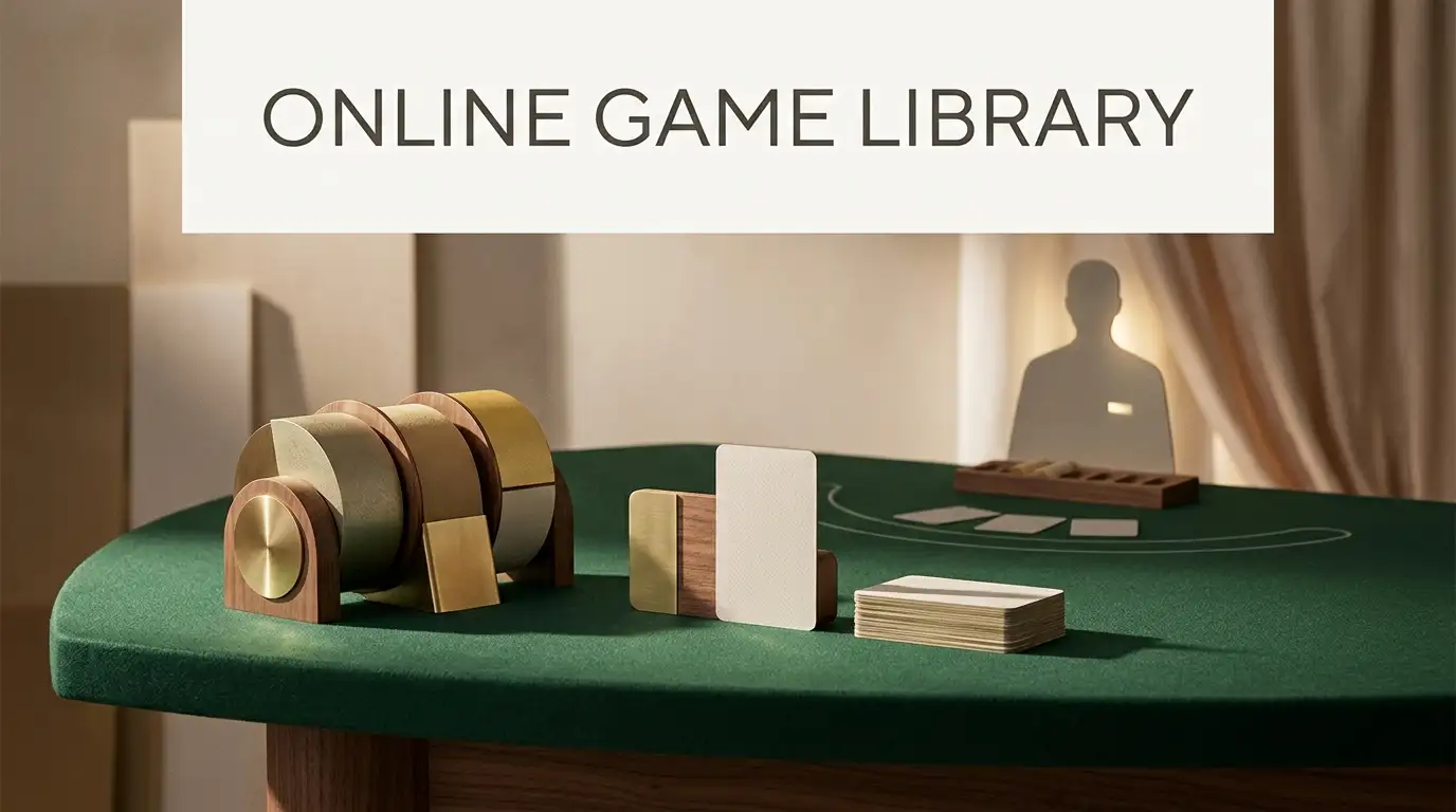 Abstract gaming table with card shapes, reels and a dealer-table silhouette