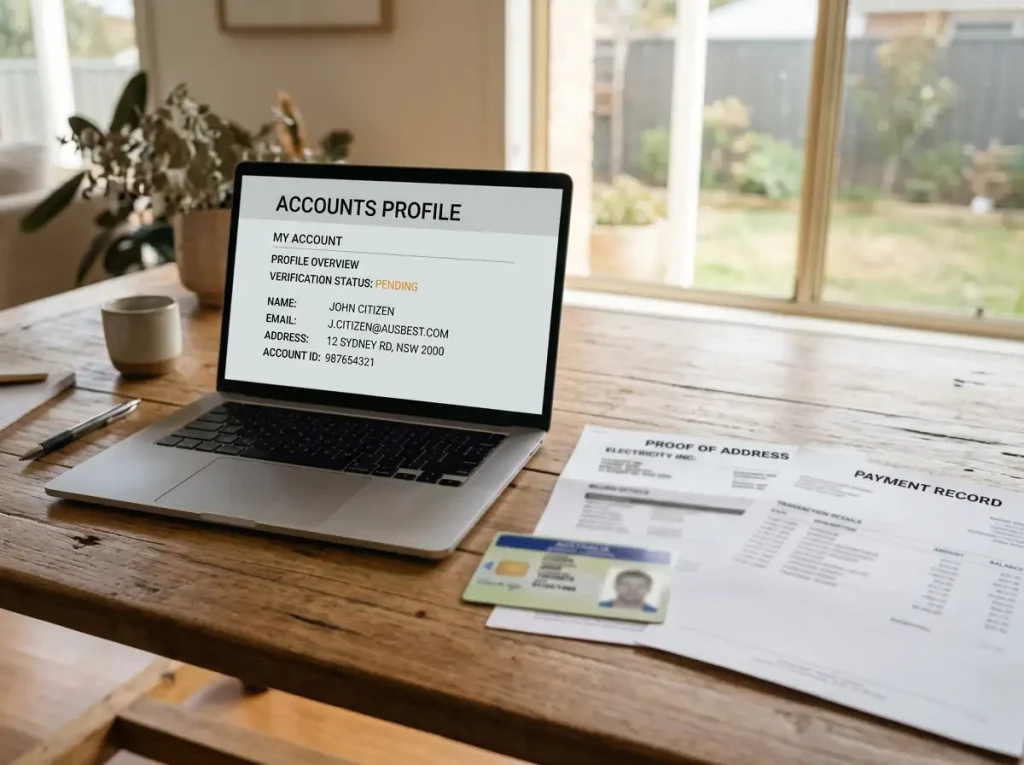 Laptop with an account profile screen beside identification and payment documents on a desk