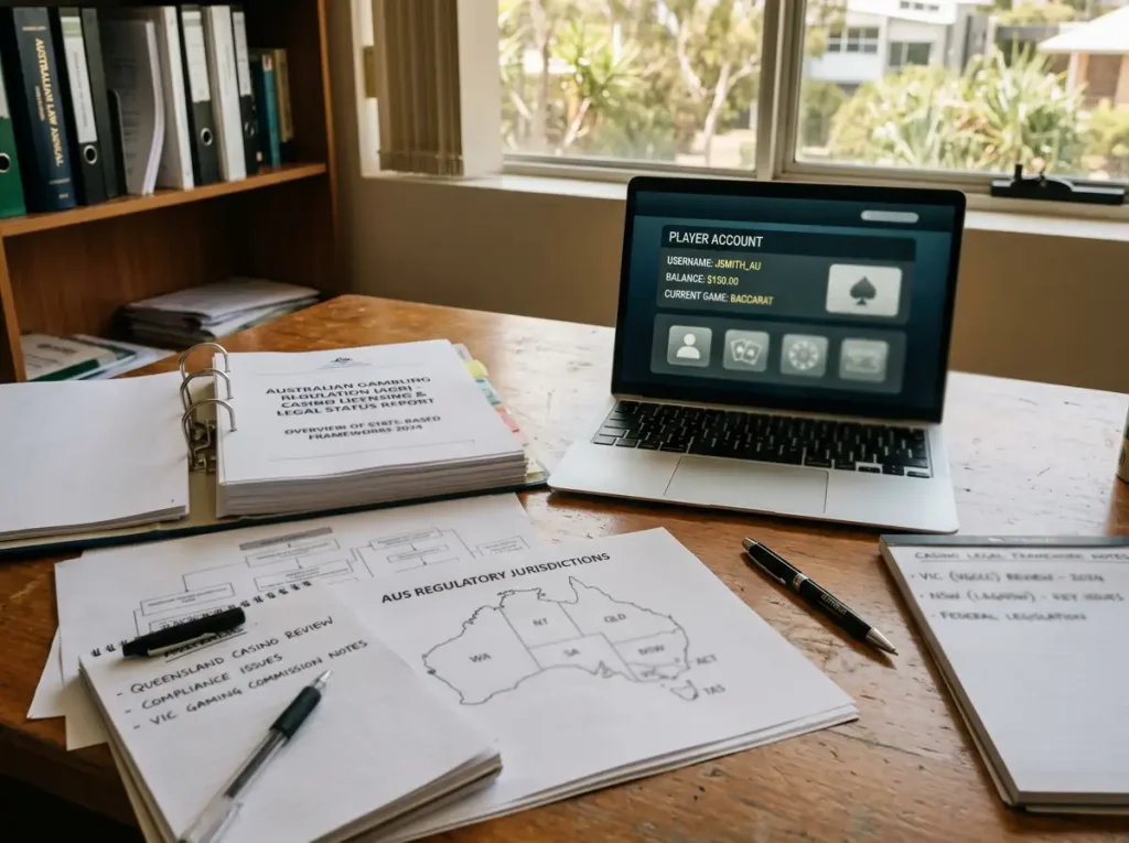 Desk with regulatory papers beside a laptop showing a casino account screen