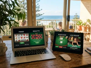 Online pokies tiles and live casino tables displayed across a laptop and tablet