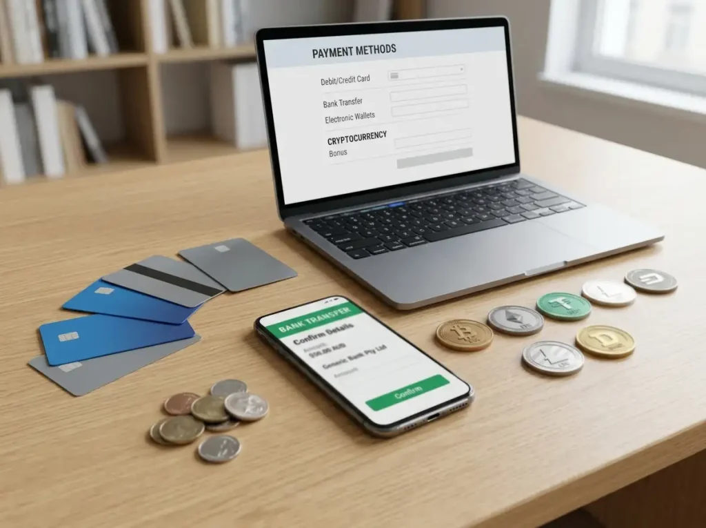 Payment cards, a bank transfer screen and crypto symbols arranged beside a laptop cashier