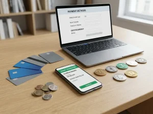 Payment cards, a bank transfer screen and crypto symbols arranged beside a laptop cashier