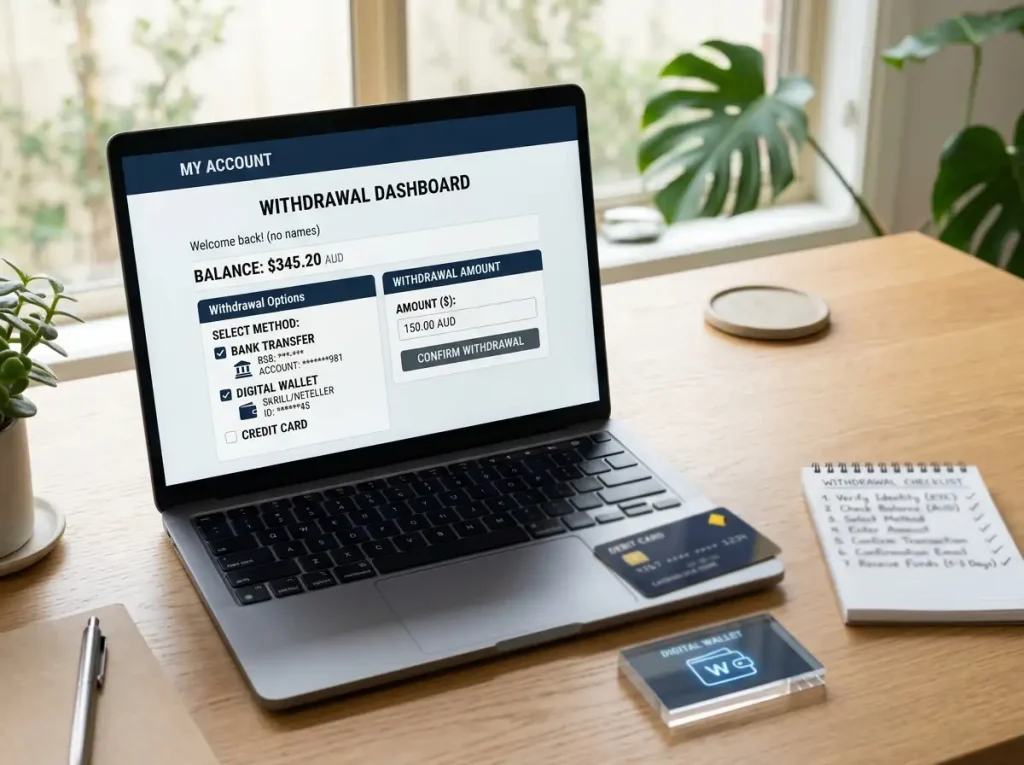 A withdrawal dashboard beside a bank card, wallet and transaction checklist