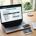 A withdrawal dashboard beside a bank card, wallet and transaction checklist